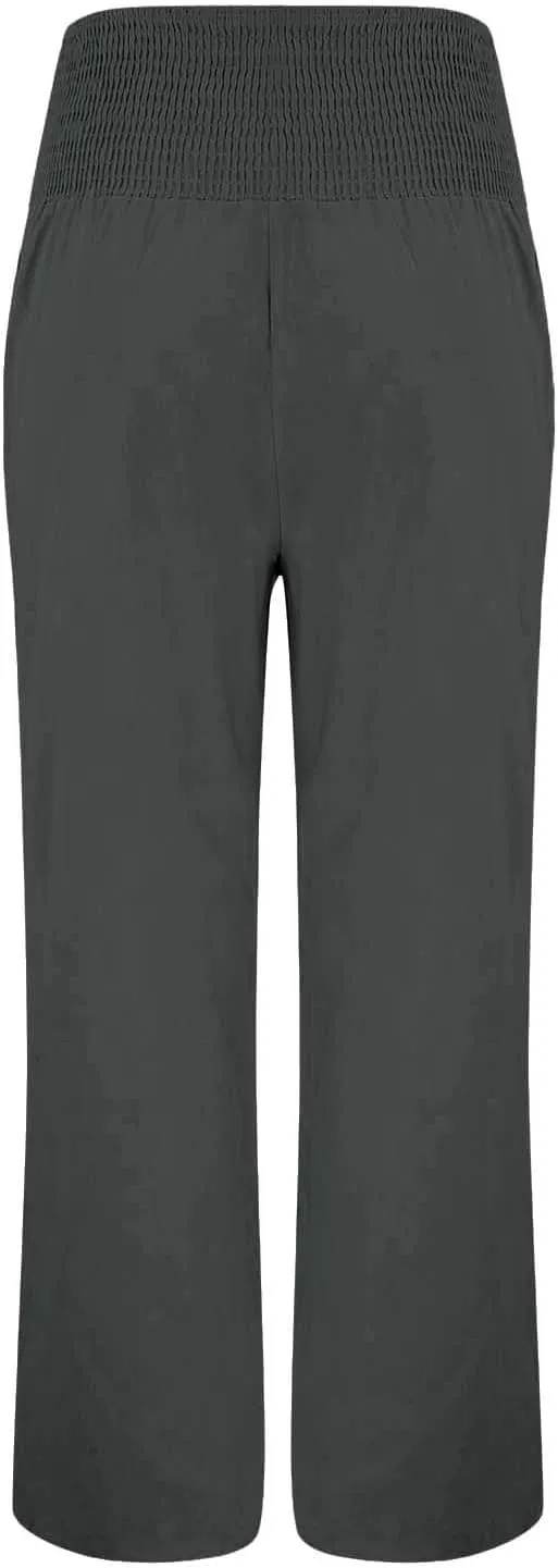 Wide Leg Linen Pull On Pants for Women Petite Summer Casual Capri Pant for Summer Loose Work Trousers