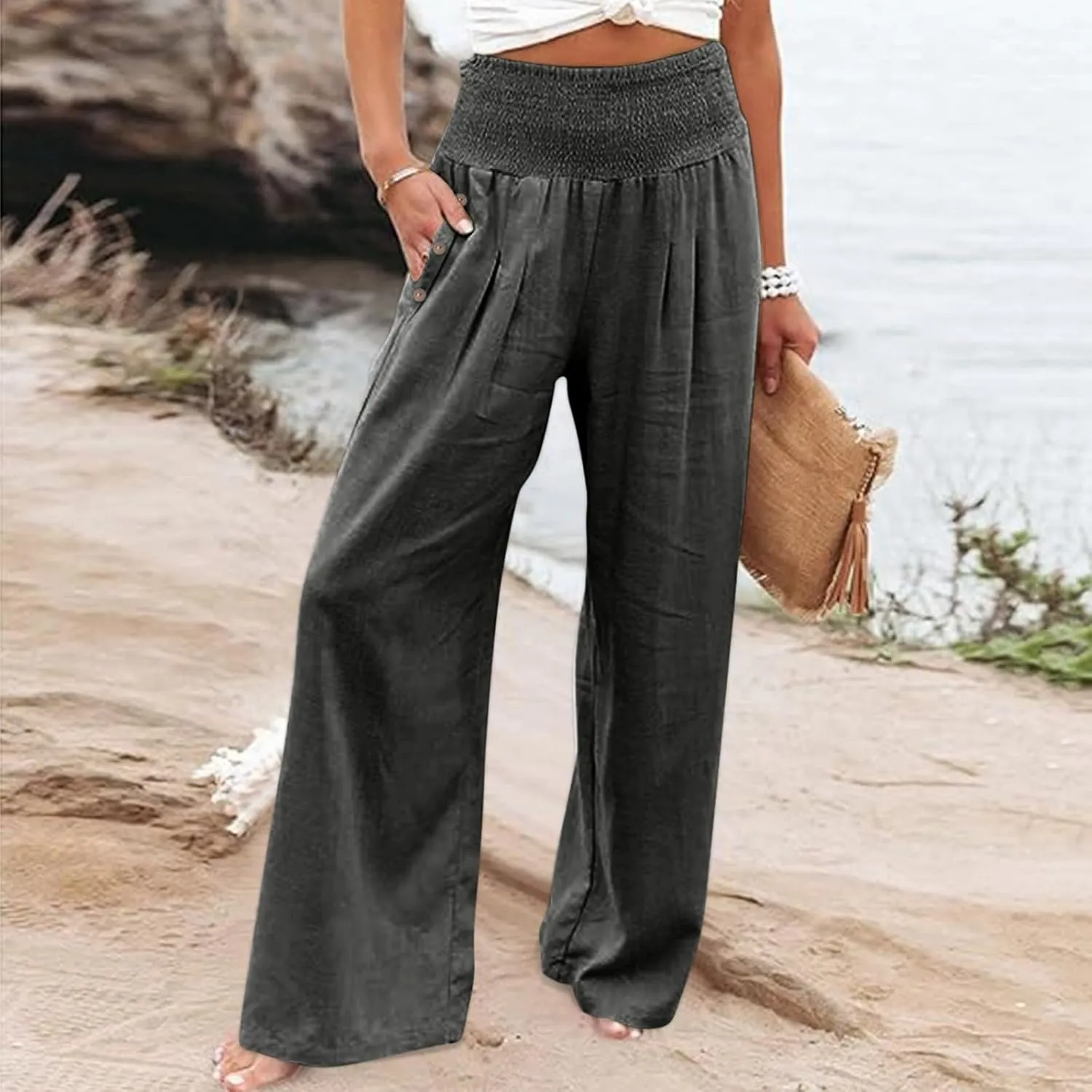 Wide Leg Linen Pull On Pants for Women Petite Summer Casual Capri Pant for Summer Loose Work Trousers