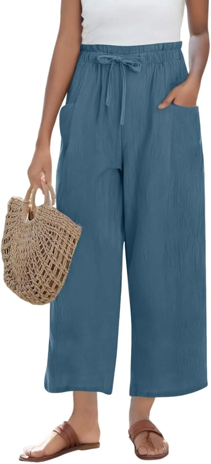 Wide Leg Pants for Women Linen Cotton Lightweight High Waisted Palazzo Pant Casual Loose Comfy Summer Beach Trousers