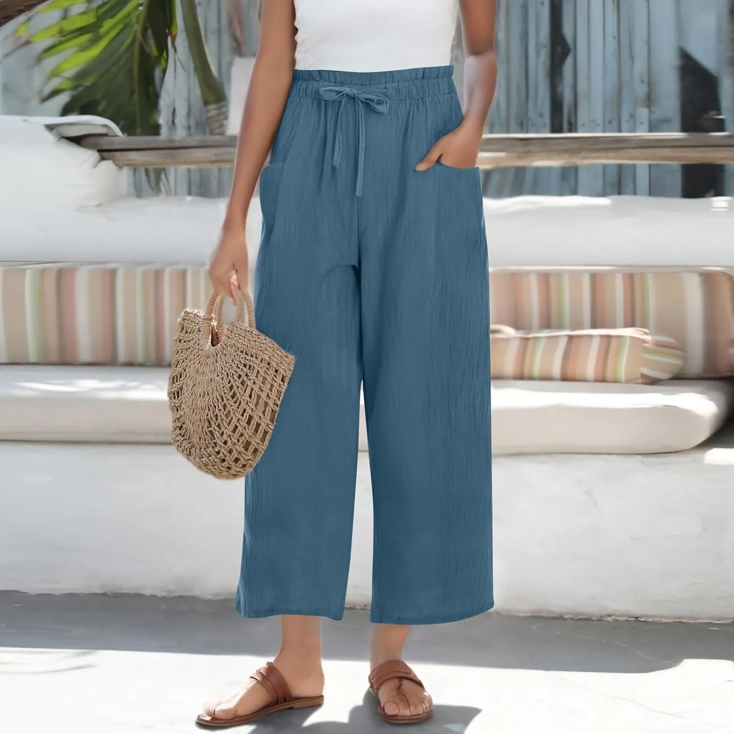 Wide Leg Pants for Women Linen Cotton Lightweight High Waisted Palazzo Pant Casual Loose Comfy Summer Beach Trousers