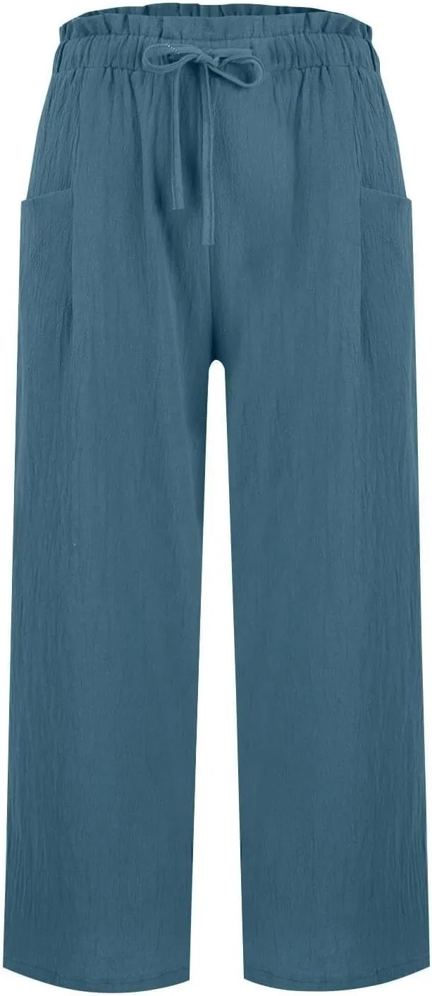 Wide Leg Pants for Women Linen Cotton Lightweight High Waisted Palazzo Pant Casual Loose Comfy Summer Beach Trousers