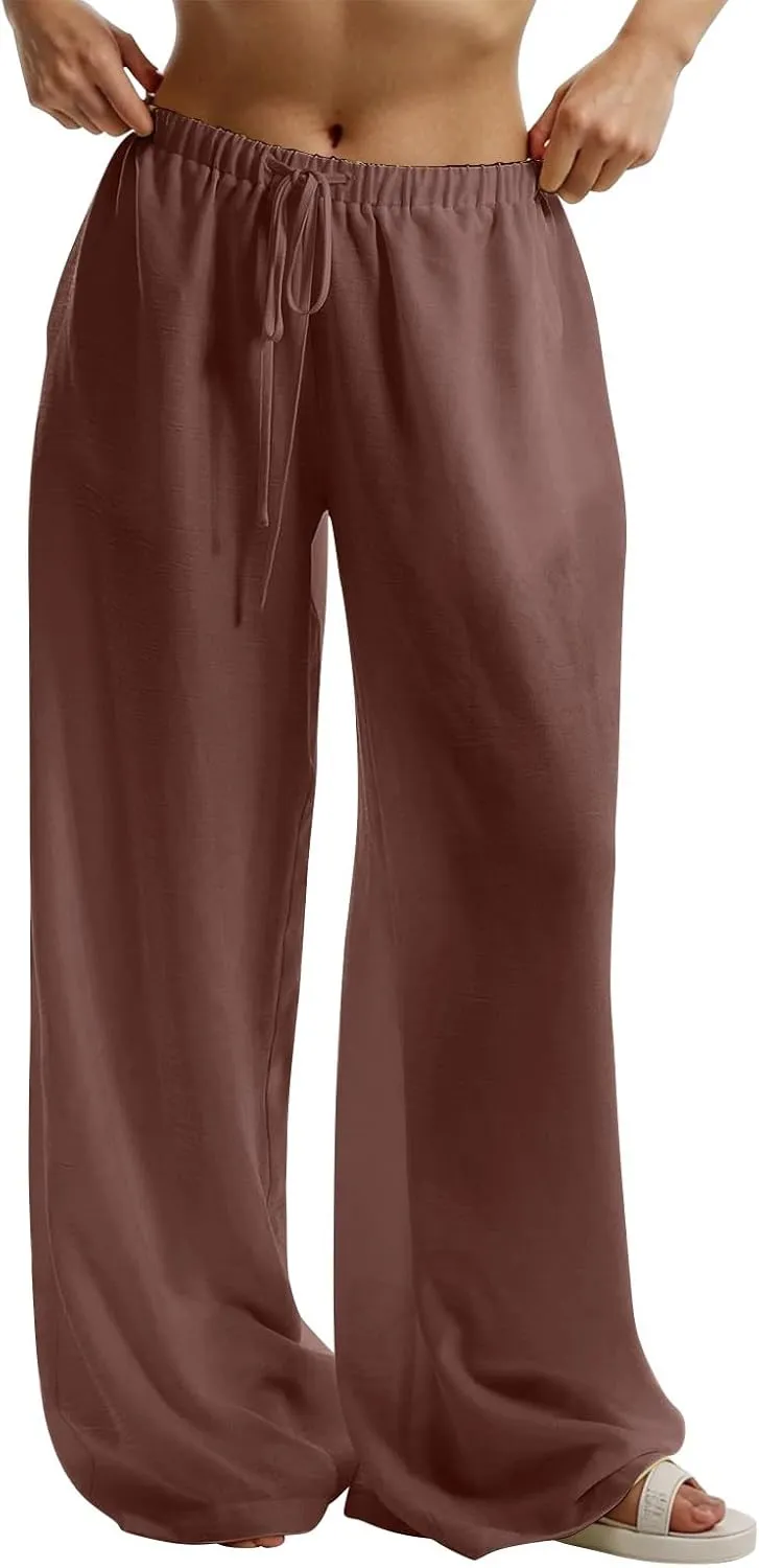 Wide Leg Pants Woman Summer Low Rise Drawstring Palazzo Pants Baggy Comfy Lightweight Boho Beach Trouser with Pockets