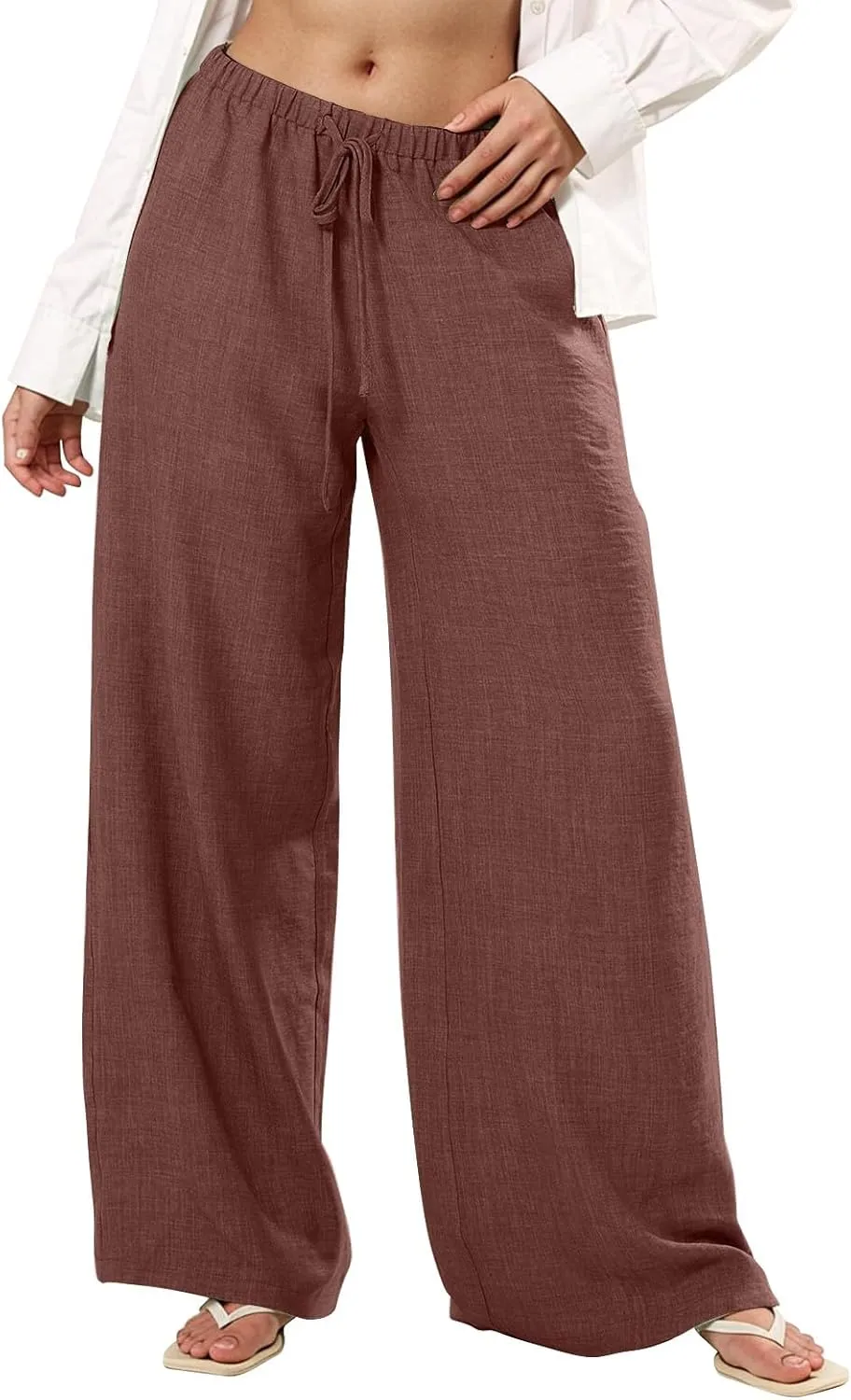 Wide Leg Pants Woman Summer Low Rise Drawstring Palazzo Pants Baggy Comfy Lightweight Boho Beach Trouser with Pockets