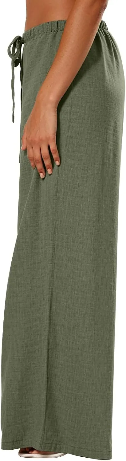 Wide Leg Pants Woman Summer Low Rise Drawstring Palazzo Pants Baggy Comfy Lightweight Boho Beach Trouser with Pockets