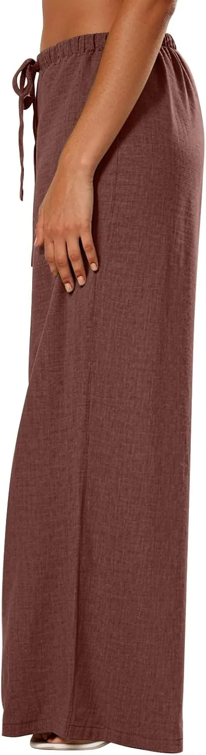 Wide Leg Pants Woman Summer Low Rise Drawstring Palazzo Pants Baggy Comfy Lightweight Boho Beach Trouser with Pockets
