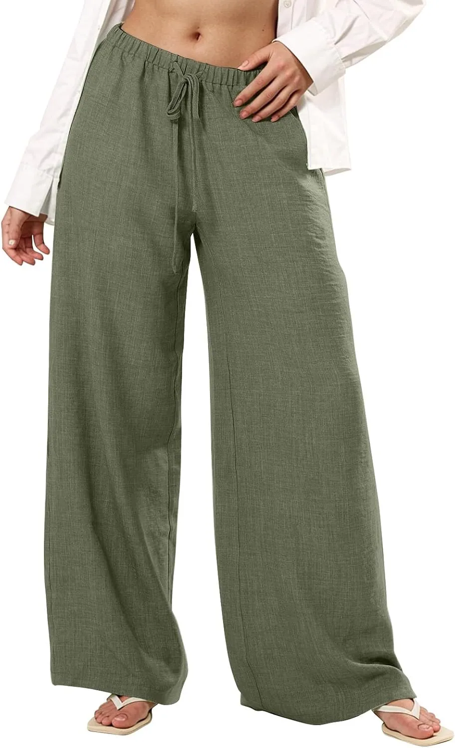 Wide Leg Pants Woman Summer Low Rise Drawstring Palazzo Pants Baggy Comfy Lightweight Boho Beach Trouser with Pockets