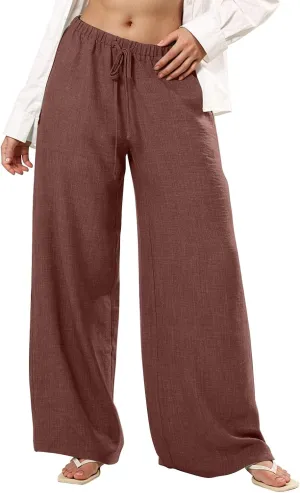 Wide Leg Pants Woman Summer Low Rise Drawstring Palazzo Pants Baggy Comfy Lightweight Boho Beach Trouser with Pockets