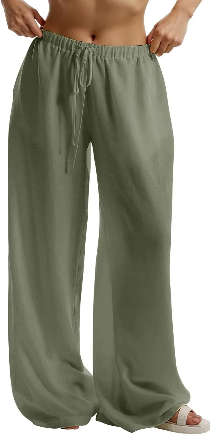 Wide Leg Pants Woman Summer Low Rise Drawstring Palazzo Pants Baggy Comfy Lightweight Boho Beach Trouser with Pockets