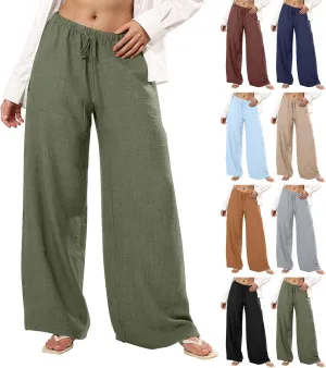Wide Leg Pants Woman Summer Low Rise Drawstring Palazzo Pants Baggy Comfy Lightweight Boho Beach Trouser with Pockets