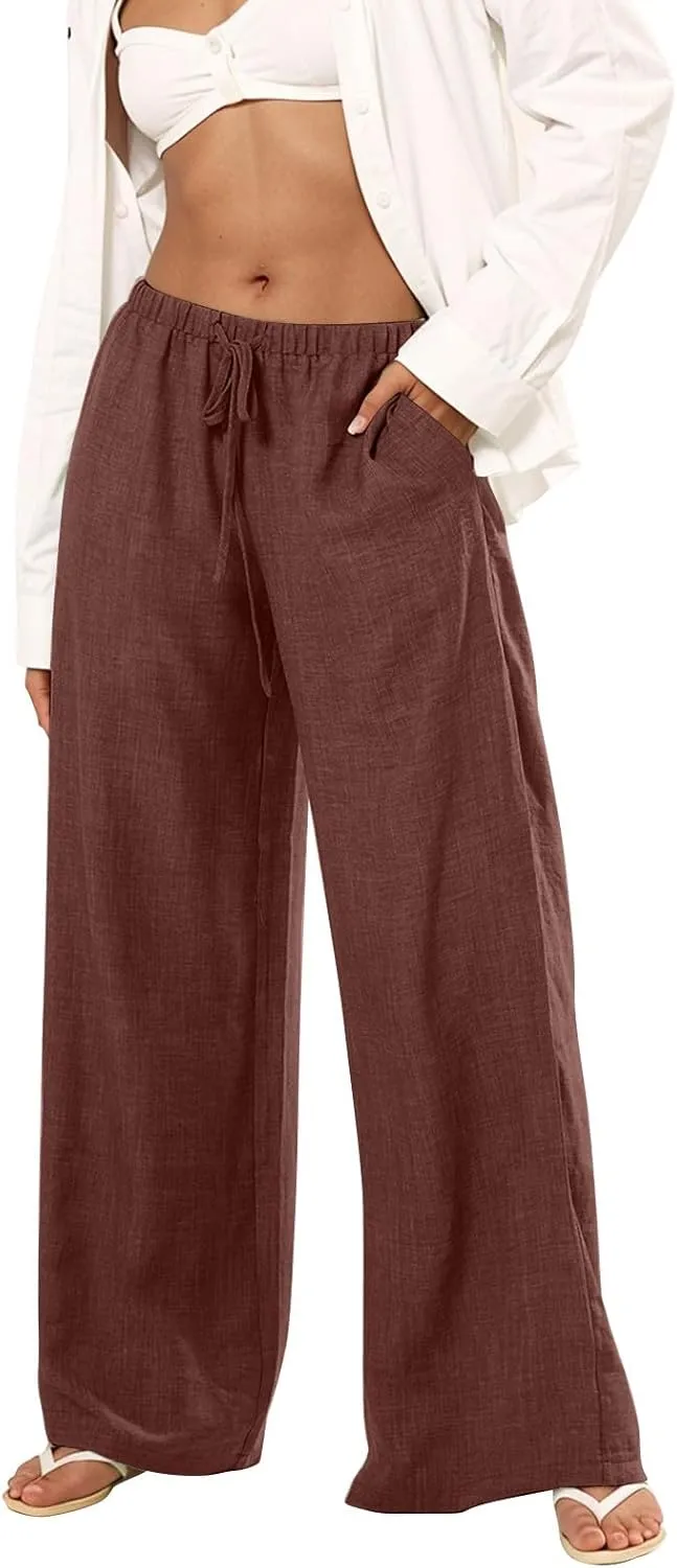 Wide Leg Pants Woman Summer Low Rise Drawstring Palazzo Pants Baggy Comfy Lightweight Boho Beach Trouser with Pockets