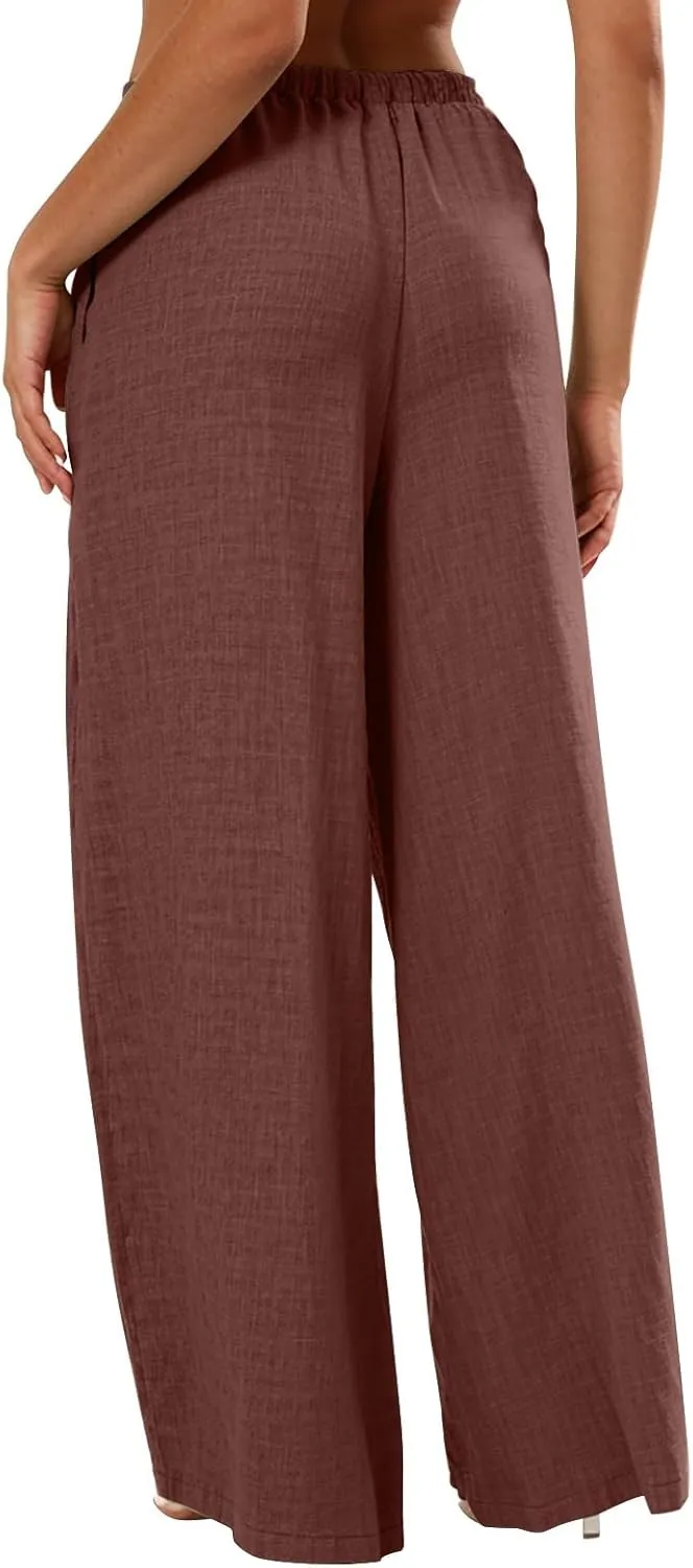 Wide Leg Pants Woman Summer Low Rise Drawstring Palazzo Pants Baggy Comfy Lightweight Boho Beach Trouser with Pockets
