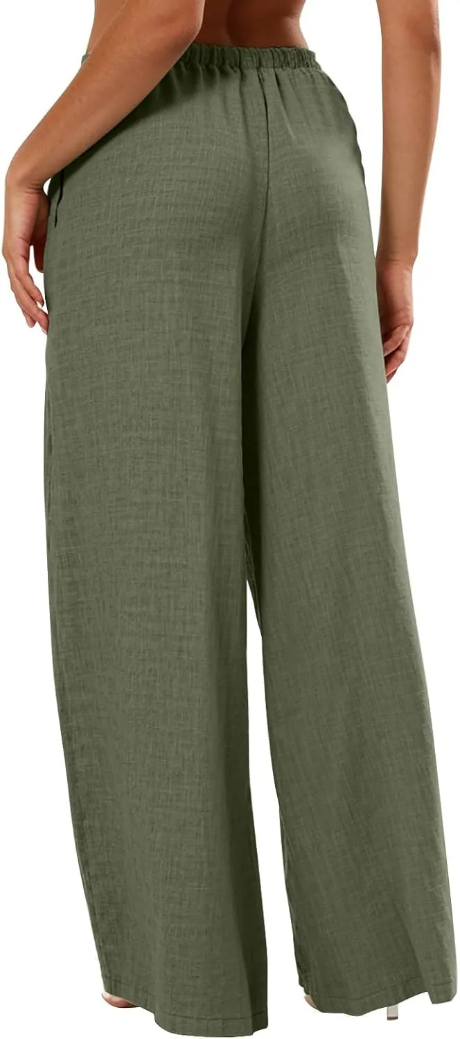 Wide Leg Pants Woman Summer Low Rise Drawstring Palazzo Pants Baggy Comfy Lightweight Boho Beach Trouser with Pockets
