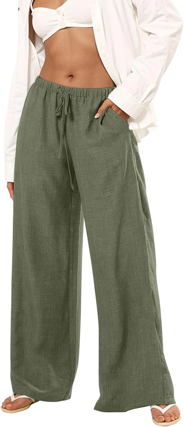Wide Leg Pants Woman Summer Low Rise Drawstring Palazzo Pants Baggy Comfy Lightweight Boho Beach Trouser with Pockets