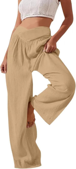 Wide Leg Summer Pants for Women Tummy Control Palazzo Pant Crossover Trousers Beach High Waisted Pants