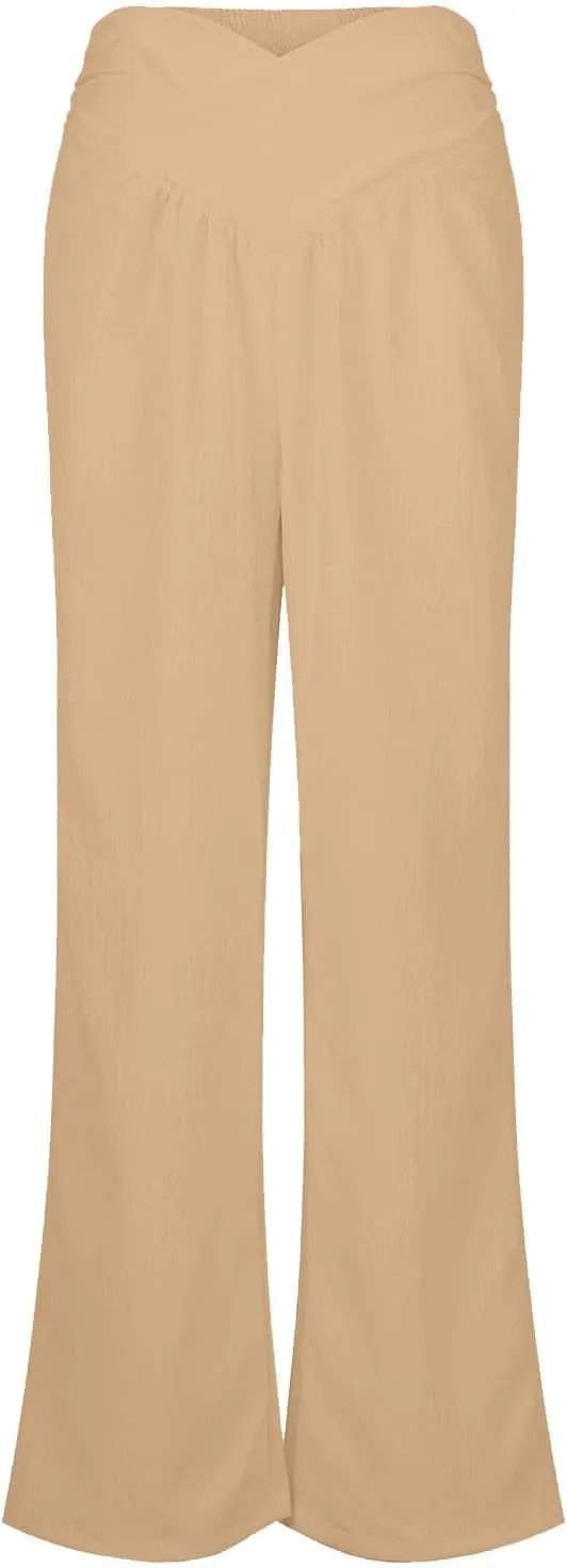 Wide Leg Summer Pants for Women Tummy Control Palazzo Pant Crossover Trousers Beach High Waisted Pants