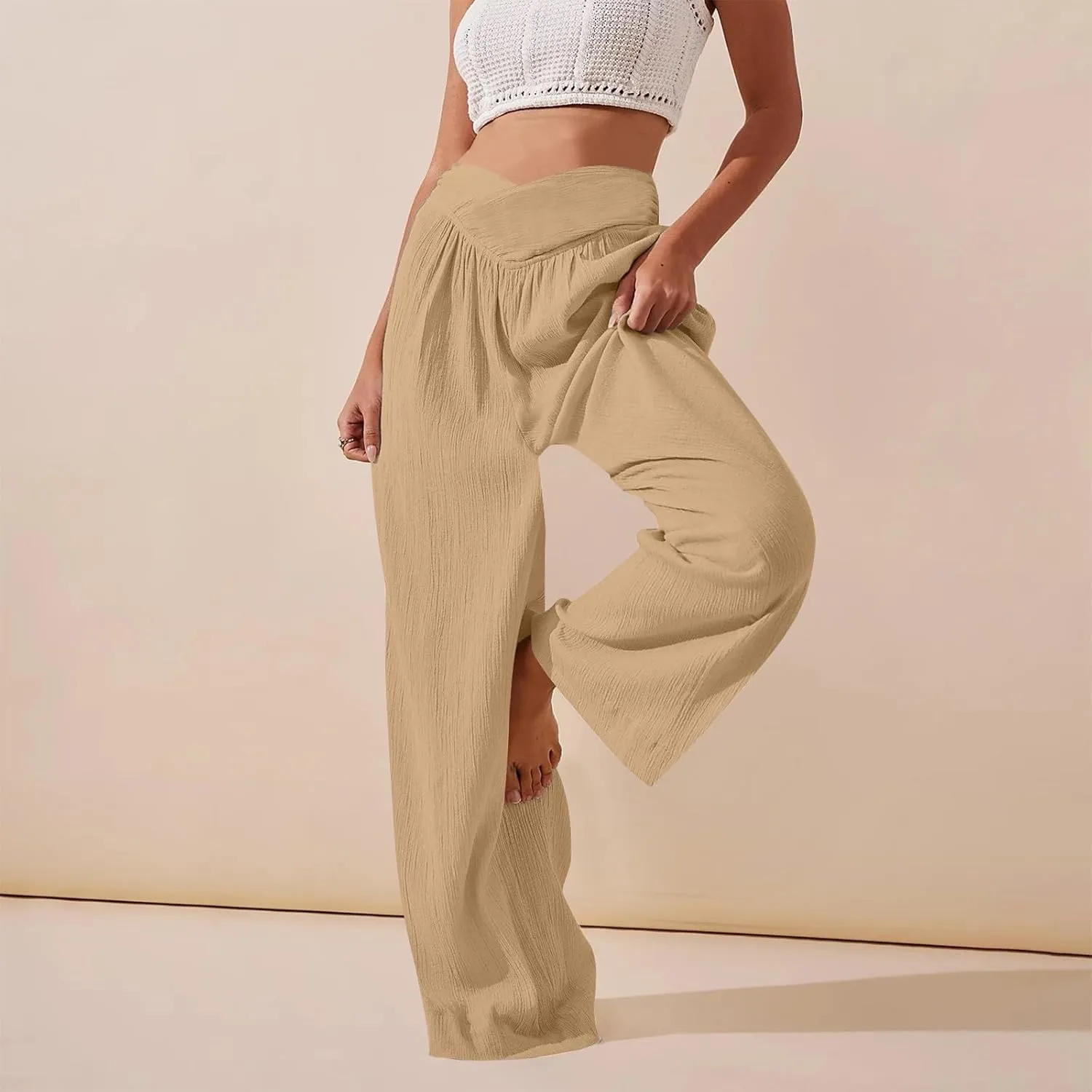 Wide Leg Summer Pants for Women Tummy Control Palazzo Pant Crossover Trousers Beach High Waisted Pants