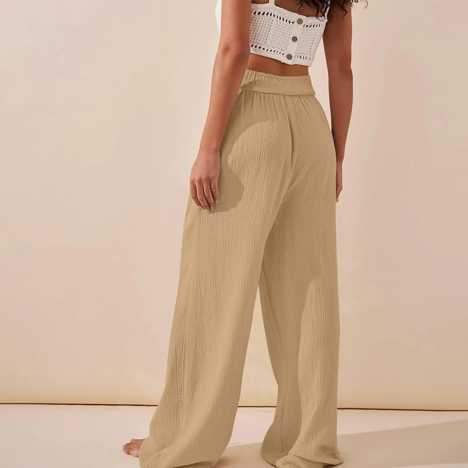 Wide Leg Summer Pants for Women Tummy Control Palazzo Pant Crossover Trousers Beach High Waisted Pants