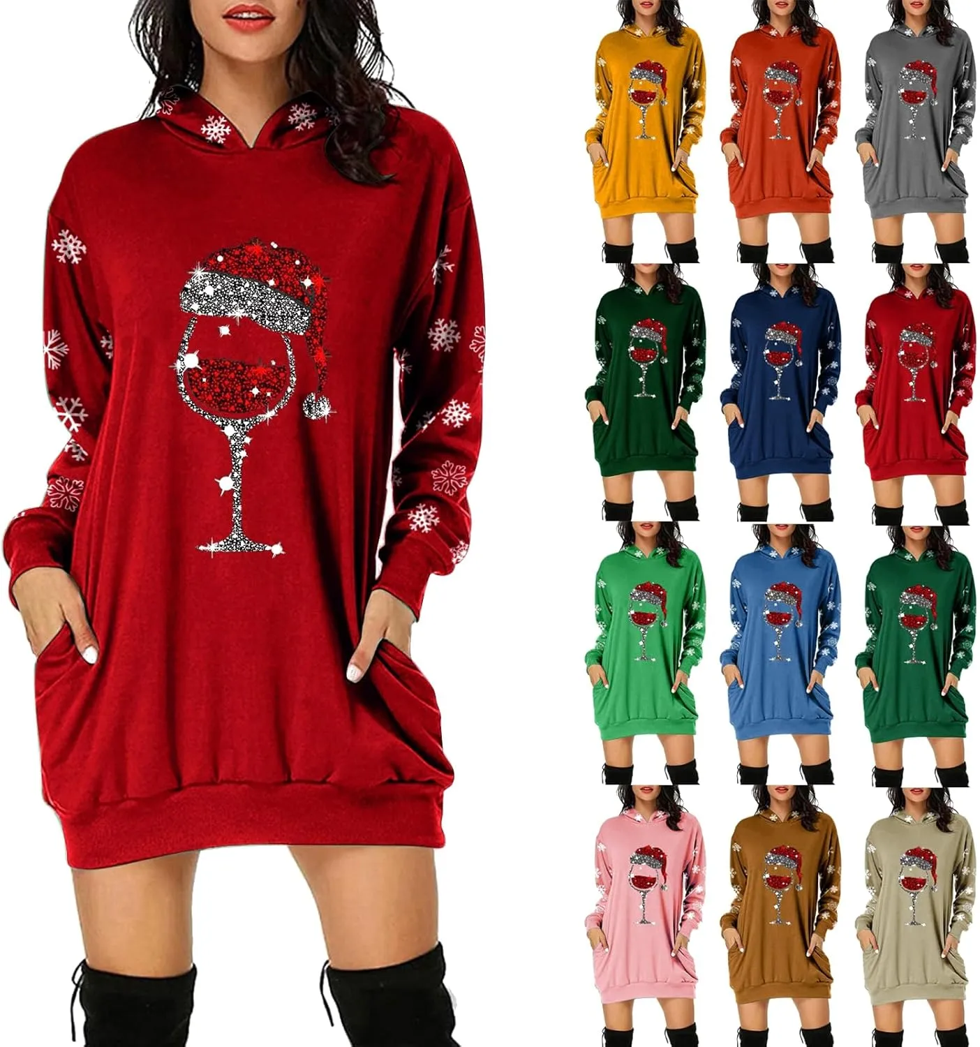 Women 2024 Christmas Hoodies Dress Long Sleeve Red Wine Glass Print Sweatshirt Tunic Oversized Xmas Hooded Party Dress