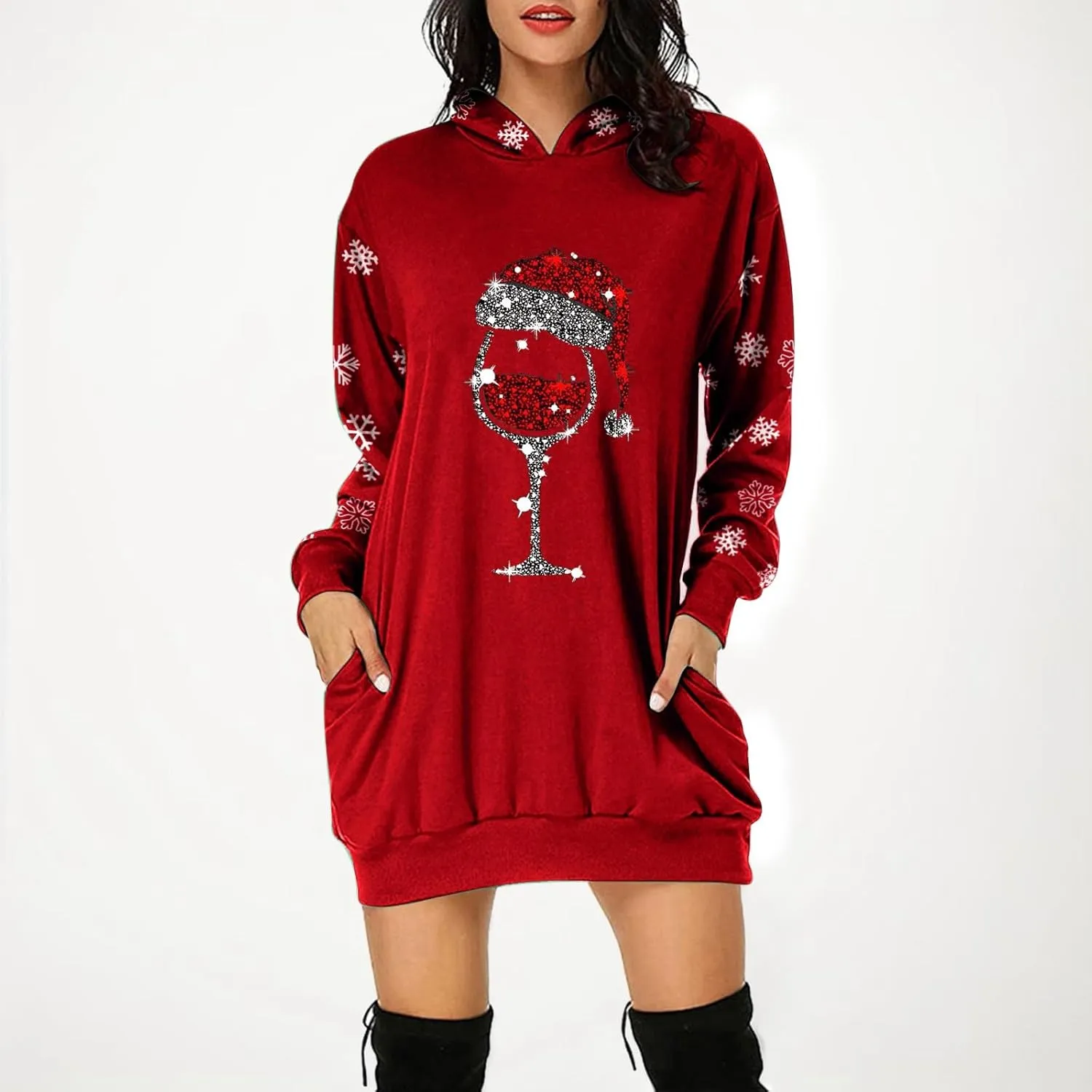 Women 2024 Christmas Hoodies Dress Long Sleeve Red Wine Glass Print Sweatshirt Tunic Oversized Xmas Hooded Party Dress