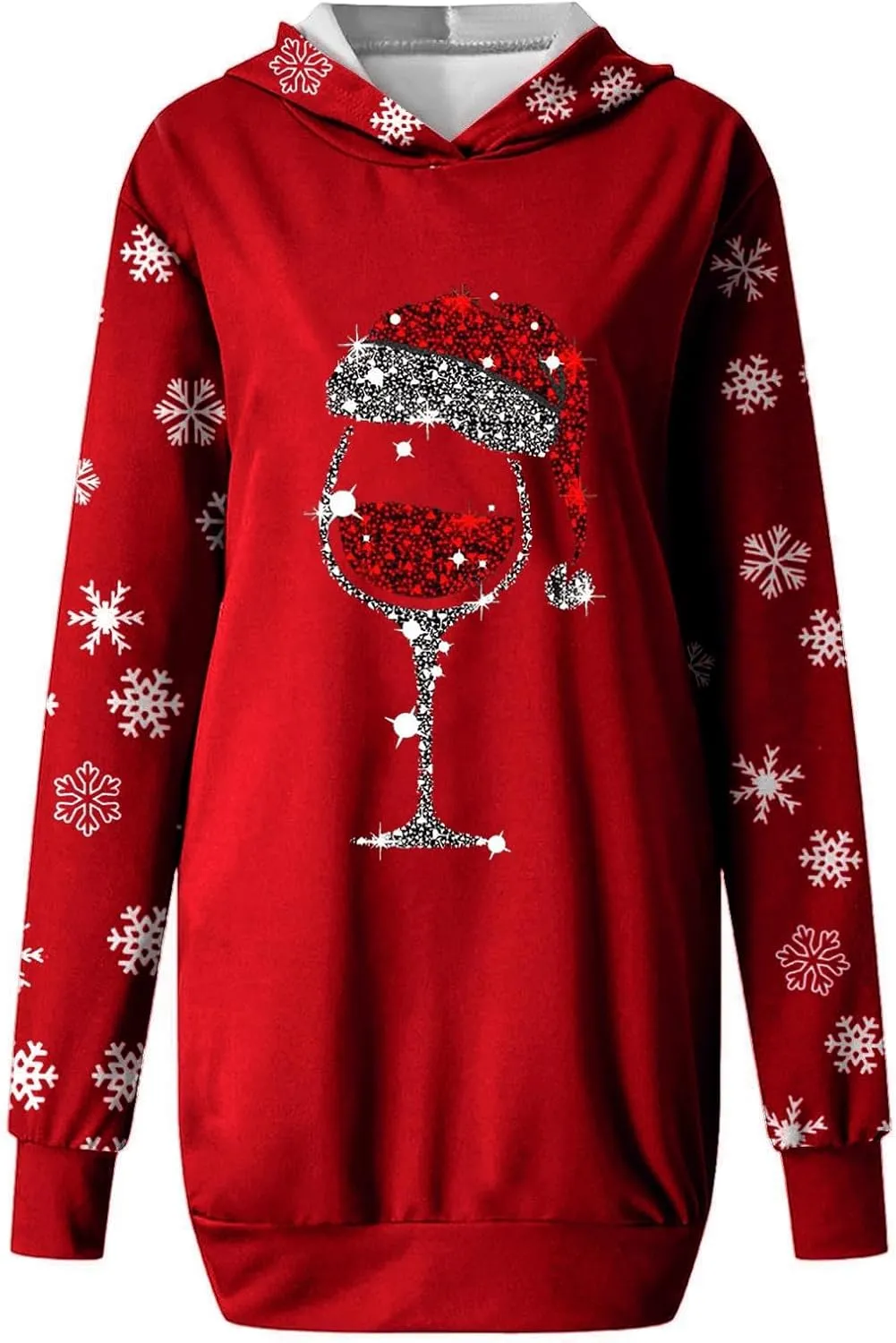 Women 2024 Christmas Hoodies Dress Long Sleeve Red Wine Glass Print Sweatshirt Tunic Oversized Xmas Hooded Party Dress