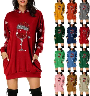 Women 2024 Christmas Hoodies Dress Long Sleeve Red Wine Glass Print Sweatshirt Tunic Oversized Xmas Hooded Party Dress