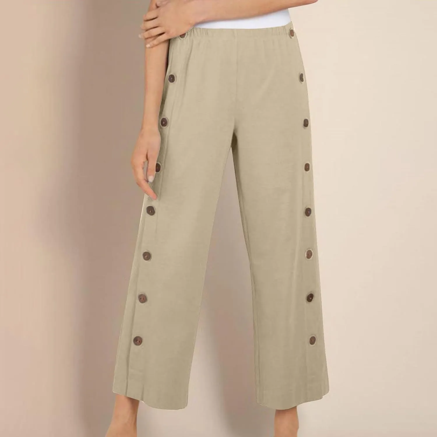 Women 2025 Summer Cotton Linen Pants High Waisted Wide Leg Trousers Trendy Side Button Elastic Waist Pants