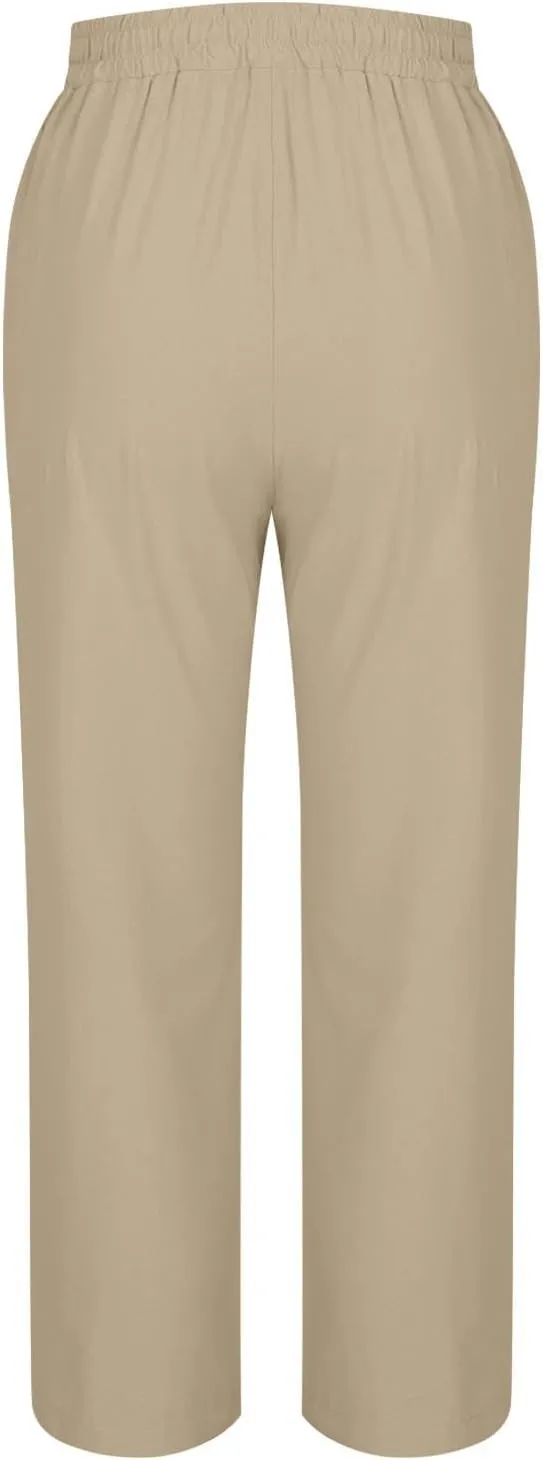 Women 2025 Summer Cotton Linen Pants High Waisted Wide Leg Trousers Trendy Side Button Elastic Waist Pants