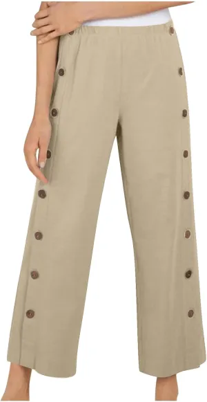 Women 2025 Summer Cotton Linen Pants High Waisted Wide Leg Trousers Trendy Side Button Elastic Waist Pants