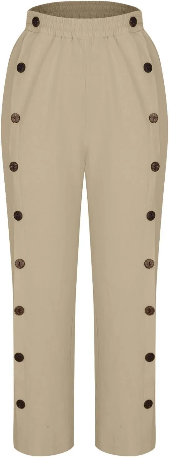 Women 2025 Summer Cotton Linen Pants High Waisted Wide Leg Trousers Trendy Side Button Elastic Waist Pants