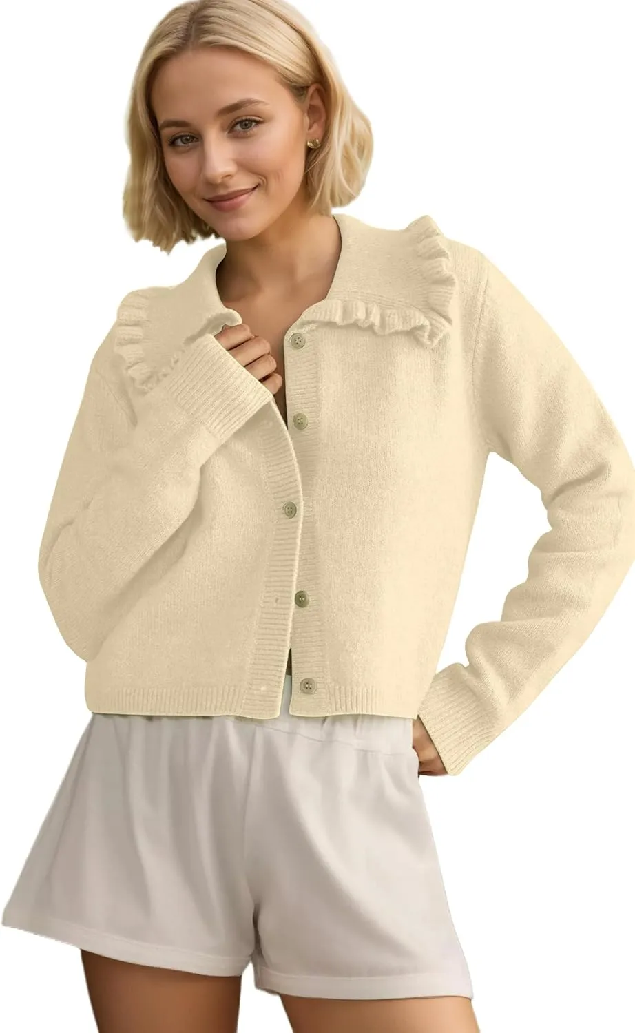 Women Button Dwon Long Sleebe Ruffle Lapel Solid Loose Sweater Cardigan Open Front Knit Cardigans Jacket