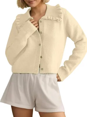 Women Button Dwon Long Sleebe Ruffle Lapel Solid Loose Sweater Cardigan Open Front Knit Cardigans Jacket