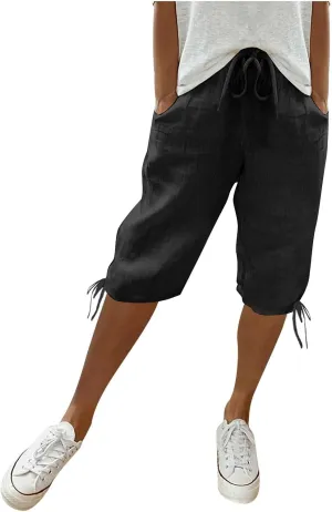 Women Capri Pants Dressy Cotton Linen Petite Short Cropped Plus Size Trousers for Summer Work Vacation Beach