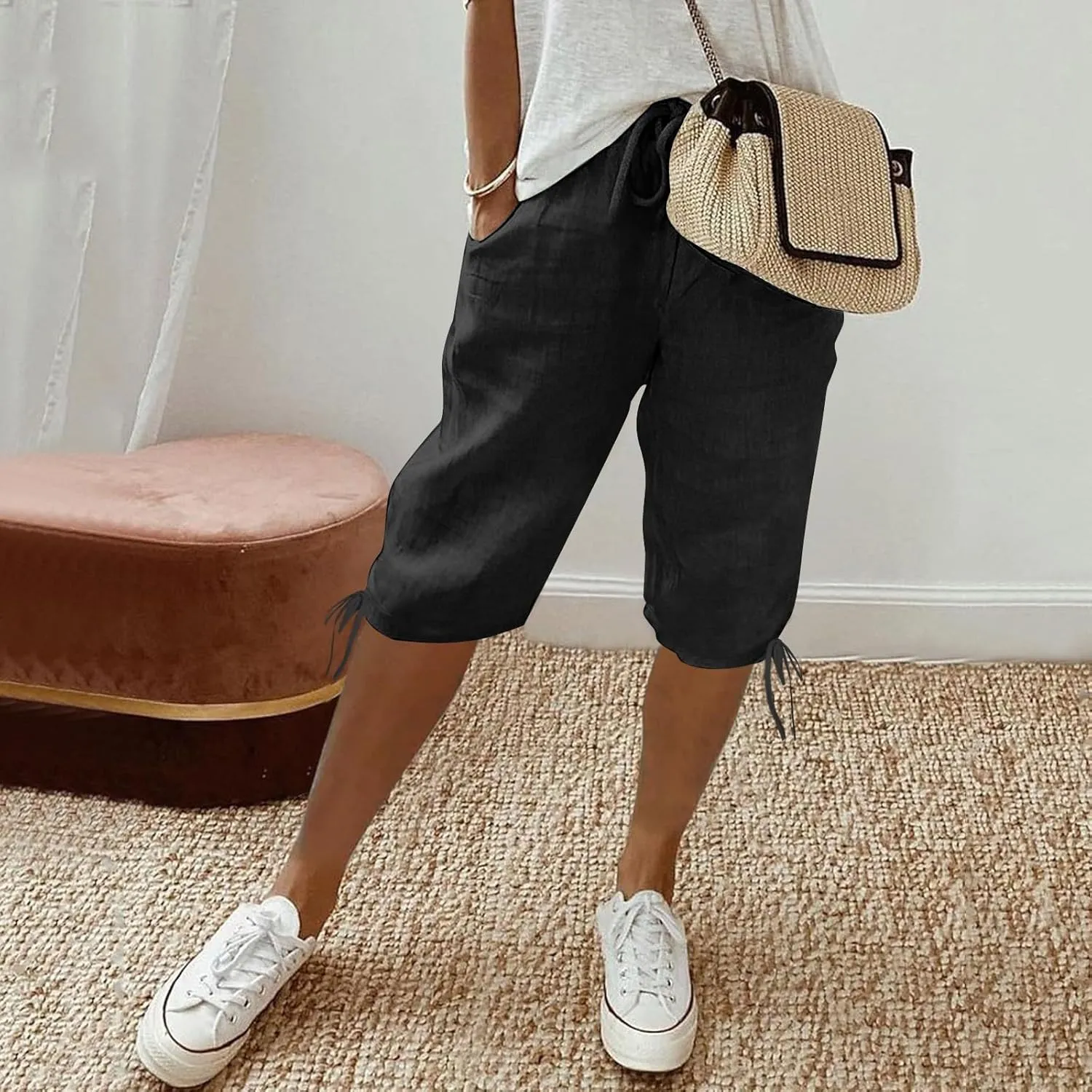 Women Capri Pants Dressy Cotton Linen Petite Short Cropped Plus Size Trousers for Summer Work Vacation Beach