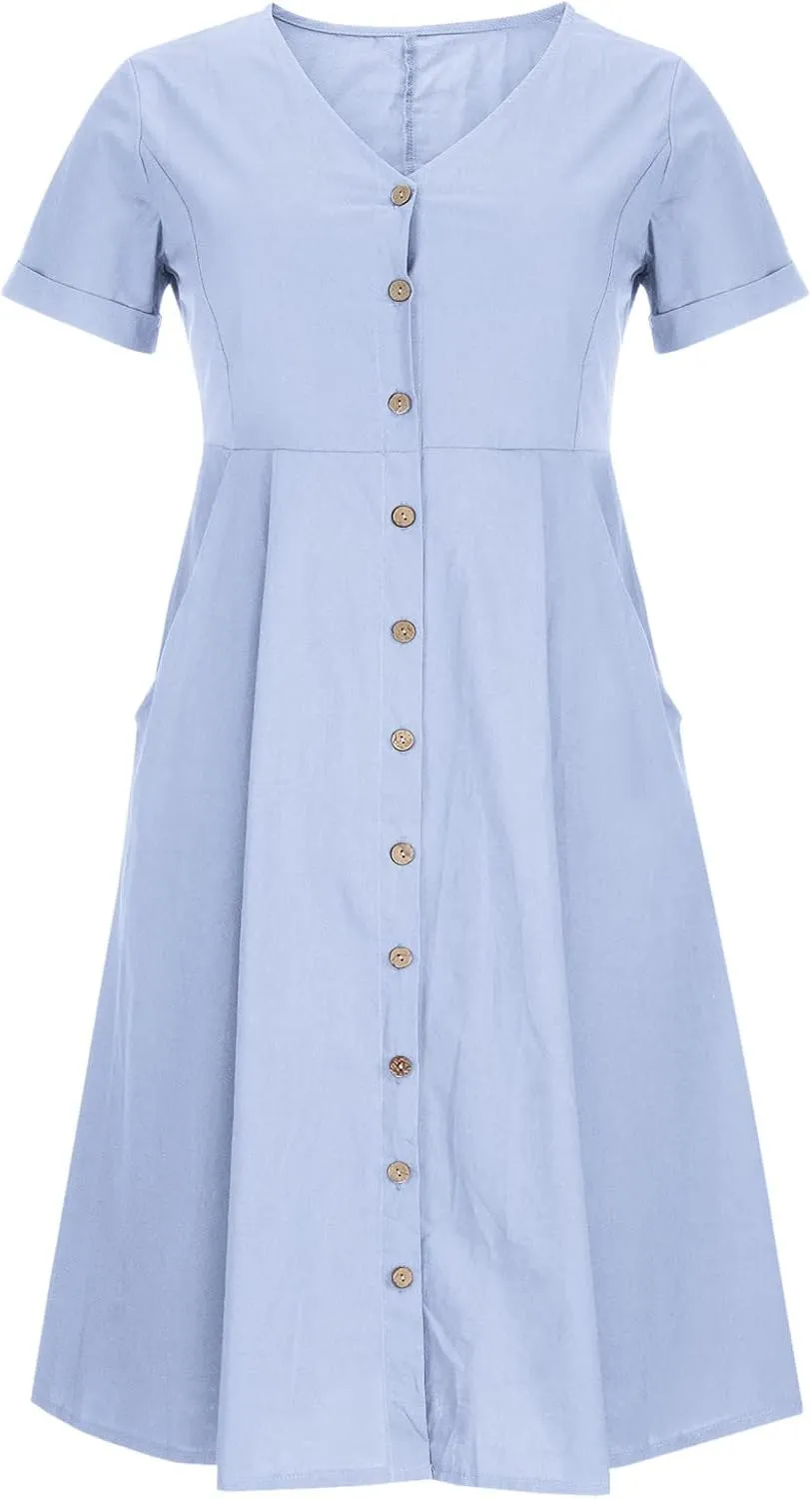 Women Casual Cotton Linen Midi Dresses Short Sleeve Loose Fit Summer Dress Plus Size Solid Color Swing Dresses