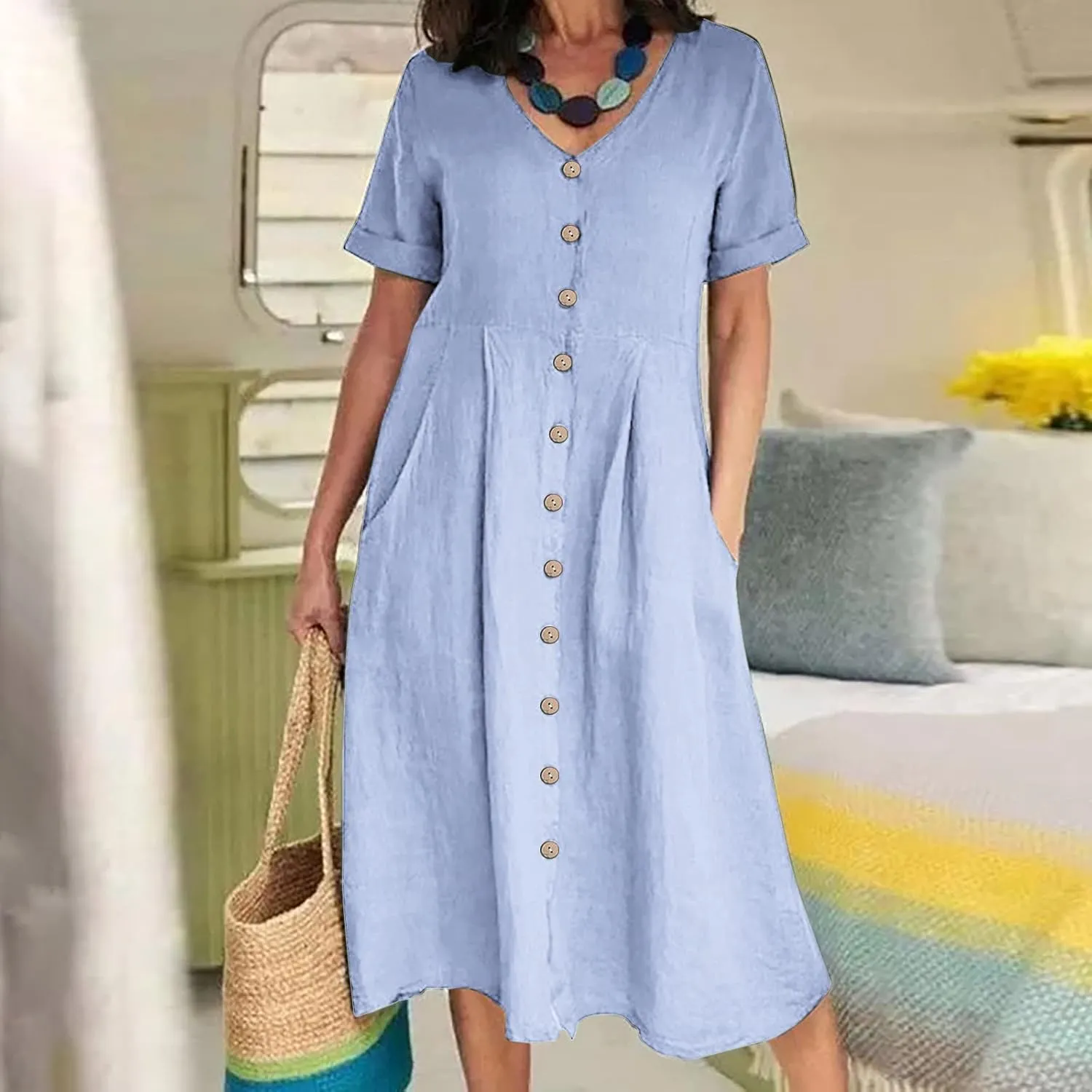 Women Casual Cotton Linen Midi Dresses Short Sleeve Loose Fit Summer Dress Plus Size Solid Color Swing Dresses