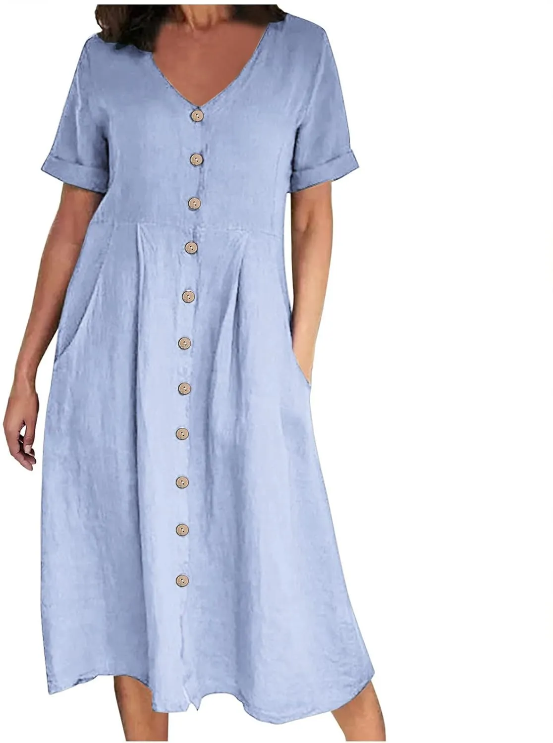 Women Casual Cotton Linen Midi Dresses Short Sleeve Loose Fit Summer Dress Plus Size Solid Color Swing Dresses