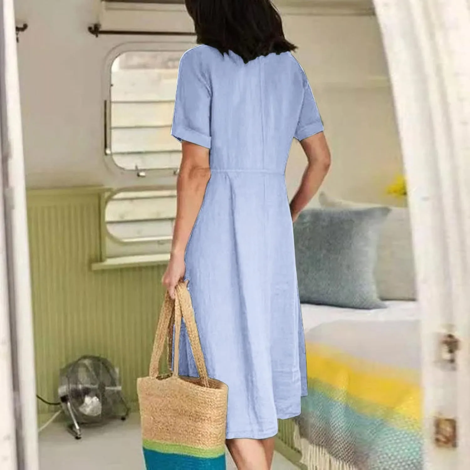 Women Casual Cotton Linen Midi Dresses Short Sleeve Loose Fit Summer Dress Plus Size Solid Color Swing Dresses