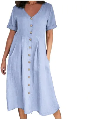 Women Casual Cotton Linen Midi Dresses Short Sleeve Loose Fit Summer Dress Plus Size Solid Color Swing Dresses