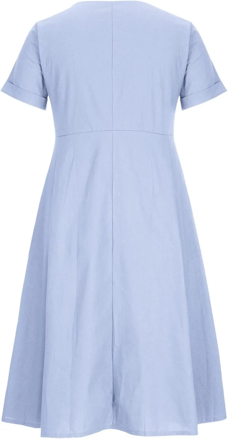 Women Casual Cotton Linen Midi Dresses Short Sleeve Loose Fit Summer Dress Plus Size Solid Color Swing Dresses