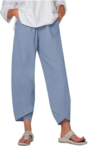 Women Cotton Linen Capris Pants Summer Plus Size Boho Pant Lightweight Hight Waist Linen Vacation Beach Trouser Pocket