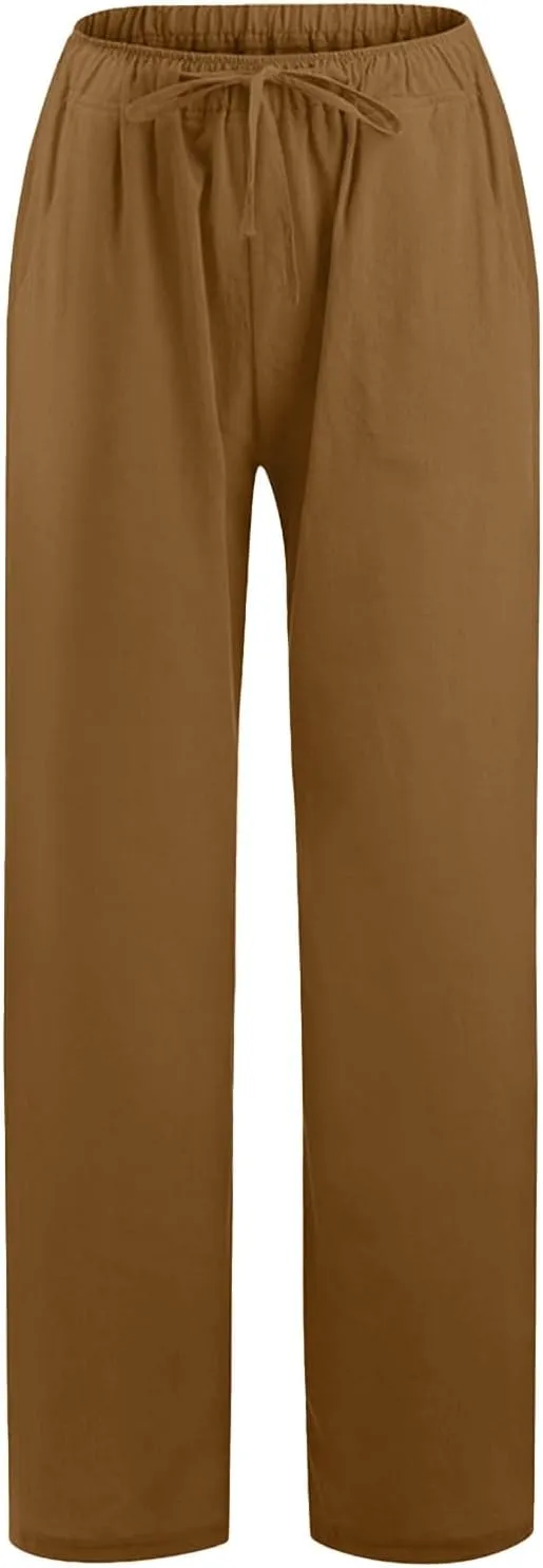 Women Cotton Linen Palazzo Pants Summer Flowy Wide Leg Beach Slacks Drawstring Causal Pants Soft Lightweight Trousers