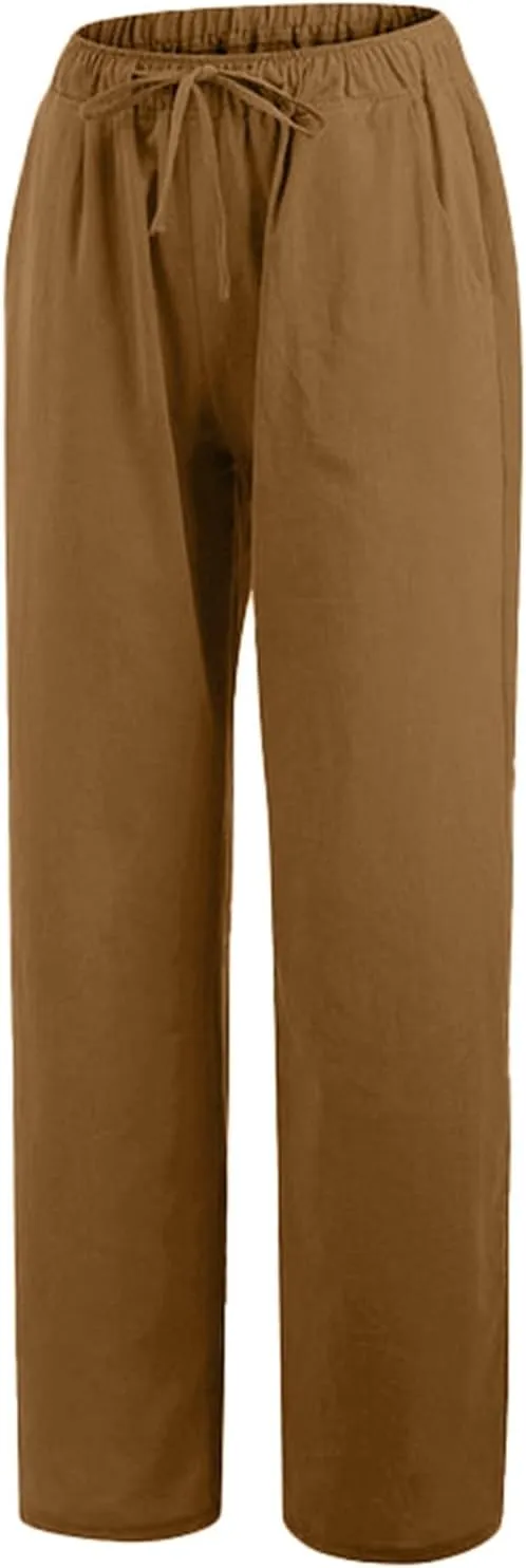 Women Cotton Linen Palazzo Pants Summer Flowy Wide Leg Beach Slacks Drawstring Causal Pants Soft Lightweight Trousers