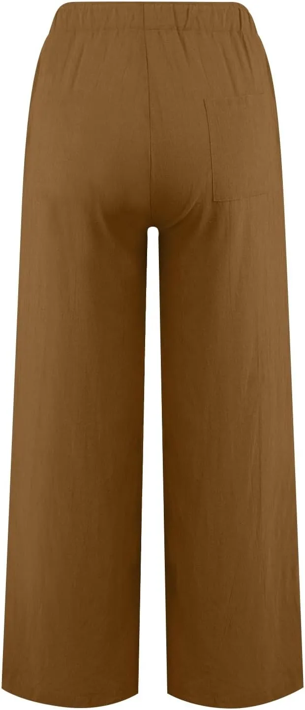 Women Cotton Linen Palazzo Pants Summer Flowy Wide Leg Beach Slacks Drawstring Causal Pants Soft Lightweight Trousers