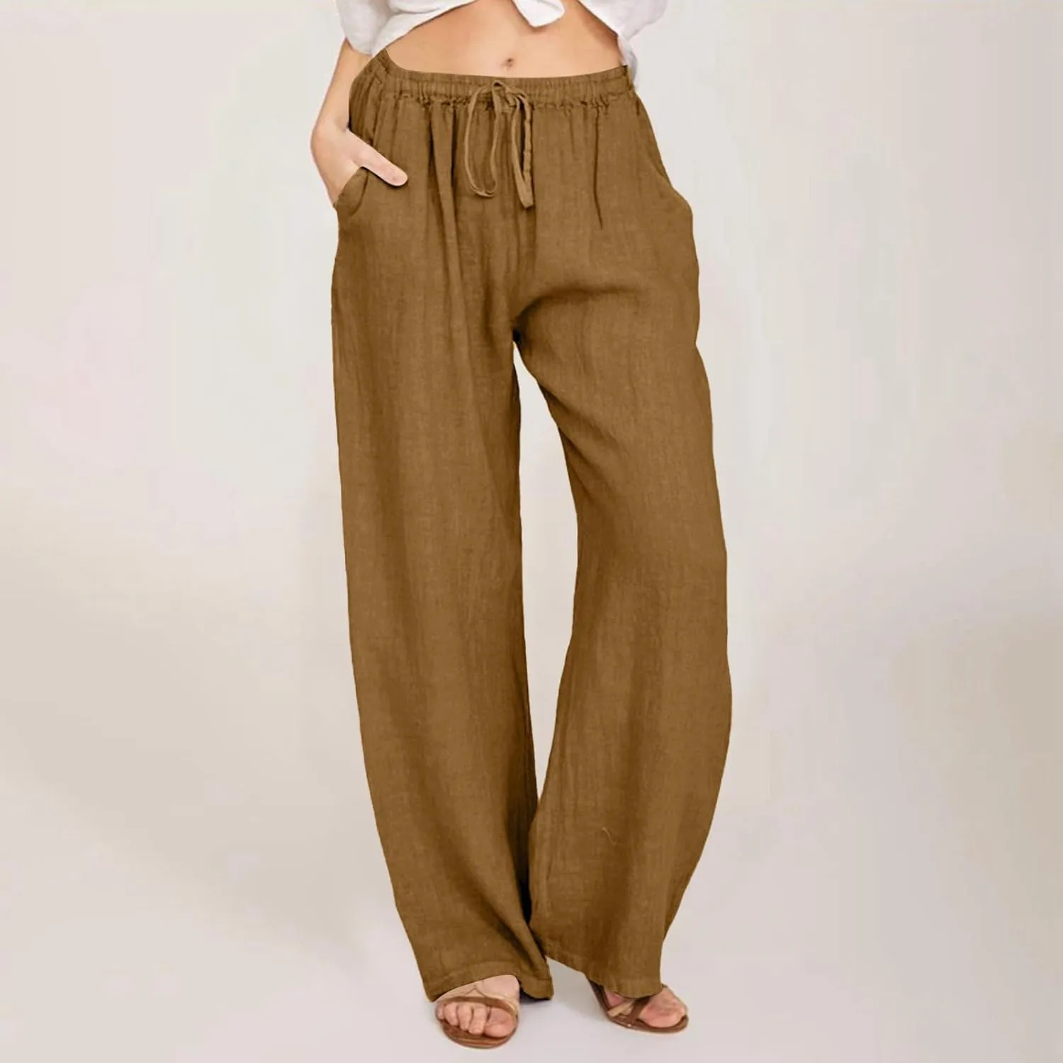 Women Cotton Linen Palazzo Pants Summer Flowy Wide Leg Beach Slacks Drawstring Causal Pants Soft Lightweight Trousers