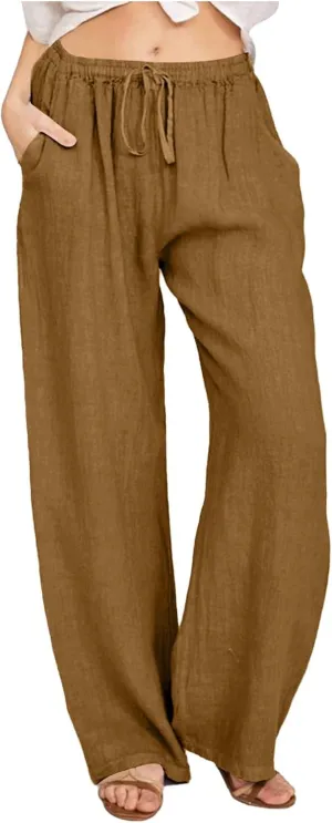 Women Cotton Linen Palazzo Pants Summer Flowy Wide Leg Beach Slacks Drawstring Causal Pants Soft Lightweight Trousers