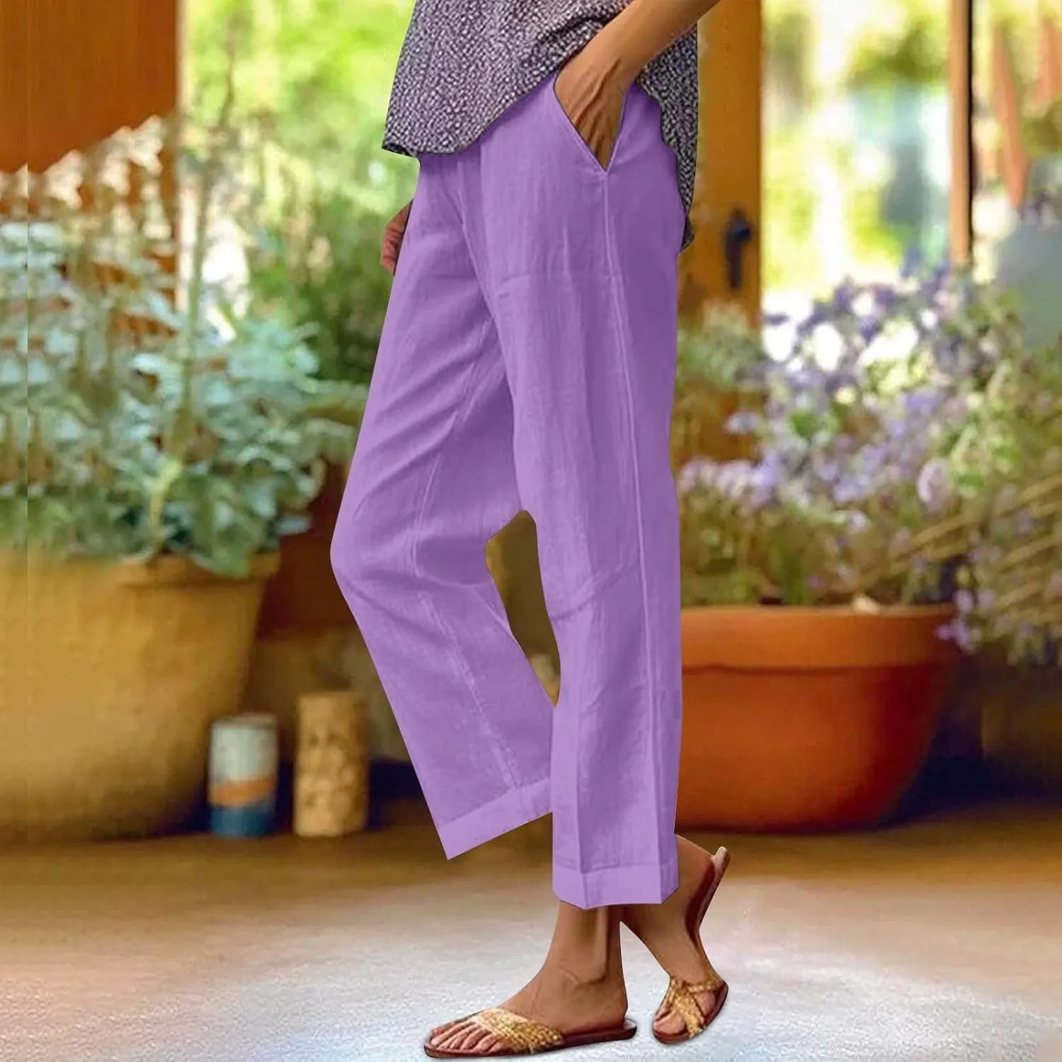 Women Cotton Linen Pants Women Summer Women's Linen Capris Wide Leg Cotton Lounge Pants Woman