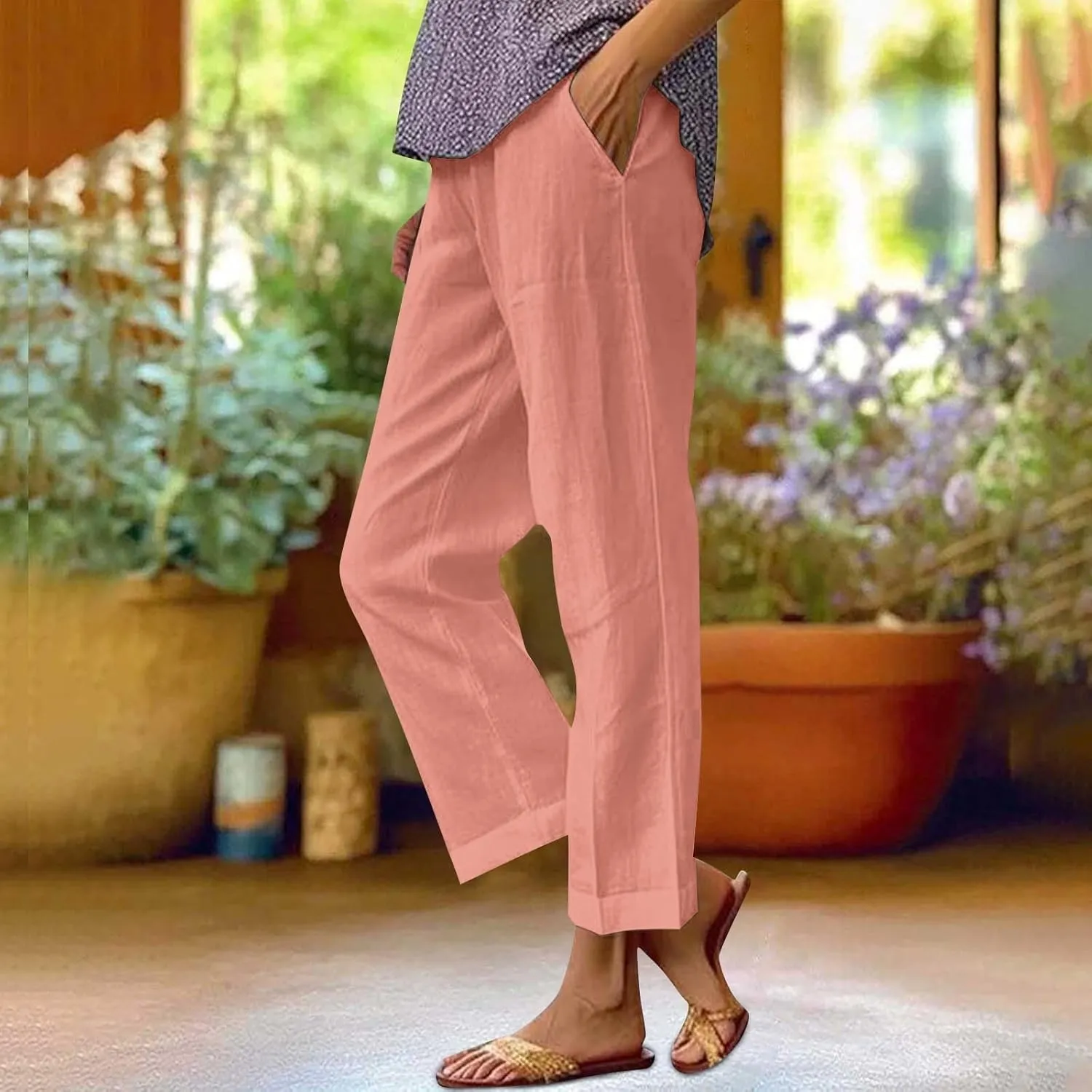 Women Cotton Linen Pants Women Summer Women's Linen Capris Wide Leg Cotton Lounge Pants Woman