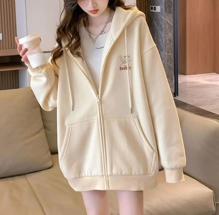 Women Cute Oversized Hoodies Goth Bunny Graphic Zip Up Hoodie Y2K Plain Streetwear Emo Cardigan Jacket Sweatshirts