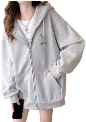 Women Cute Oversized Hoodies Goth Bunny Graphic Zip Up Hoodie Y2K Plain Streetwear Emo Cardigan Jacket Sweatshirts