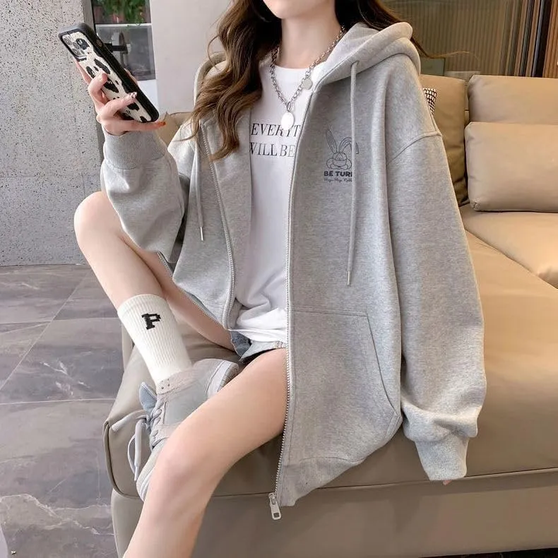 Women Cute Oversized Hoodies Goth Bunny Graphic Zip Up Hoodie Y2K Plain Streetwear Emo Cardigan Jacket Sweatshirts